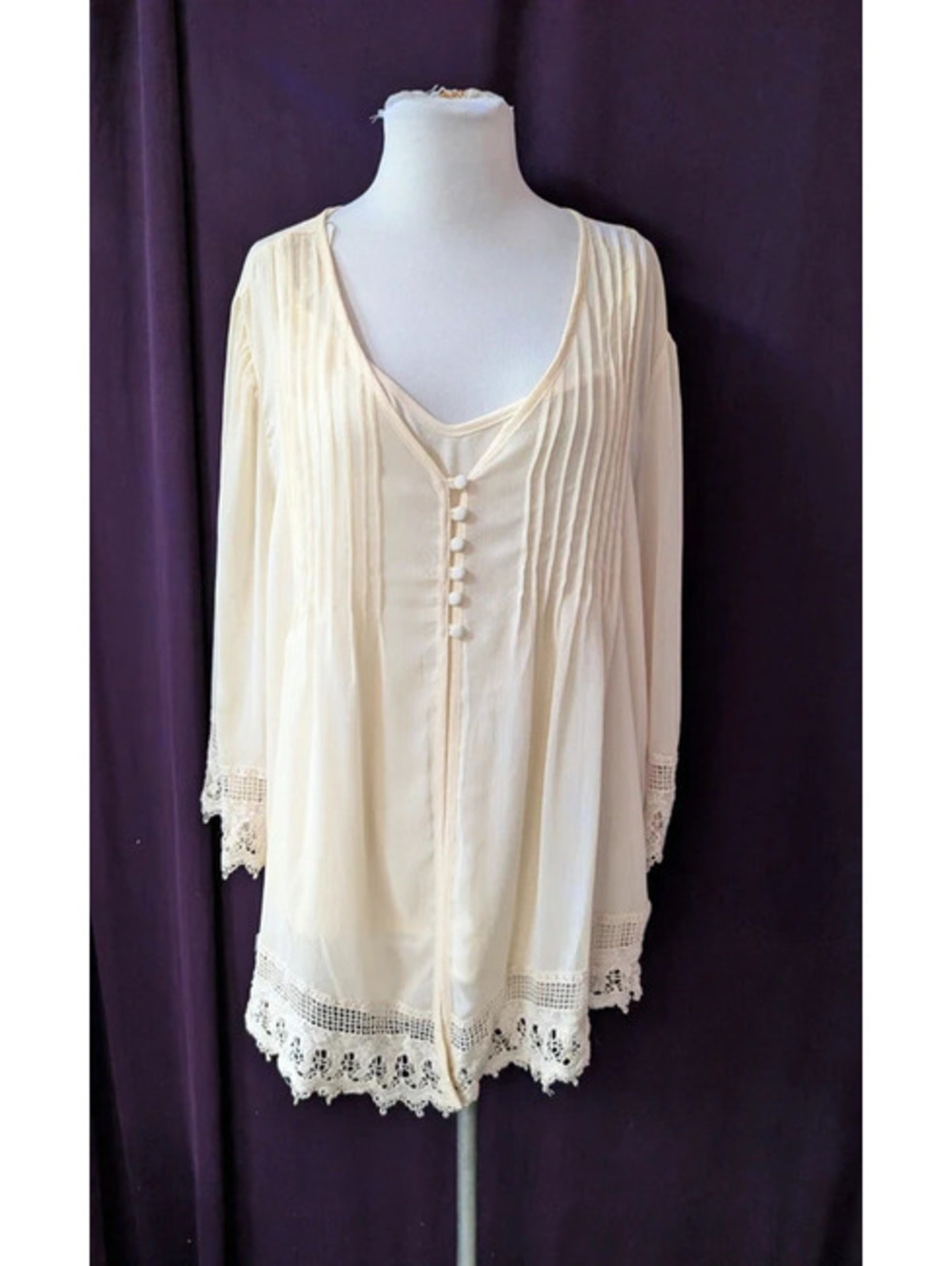 Cream Chiffon Cottagecore Lace Peasant Boho Top XXL 2X